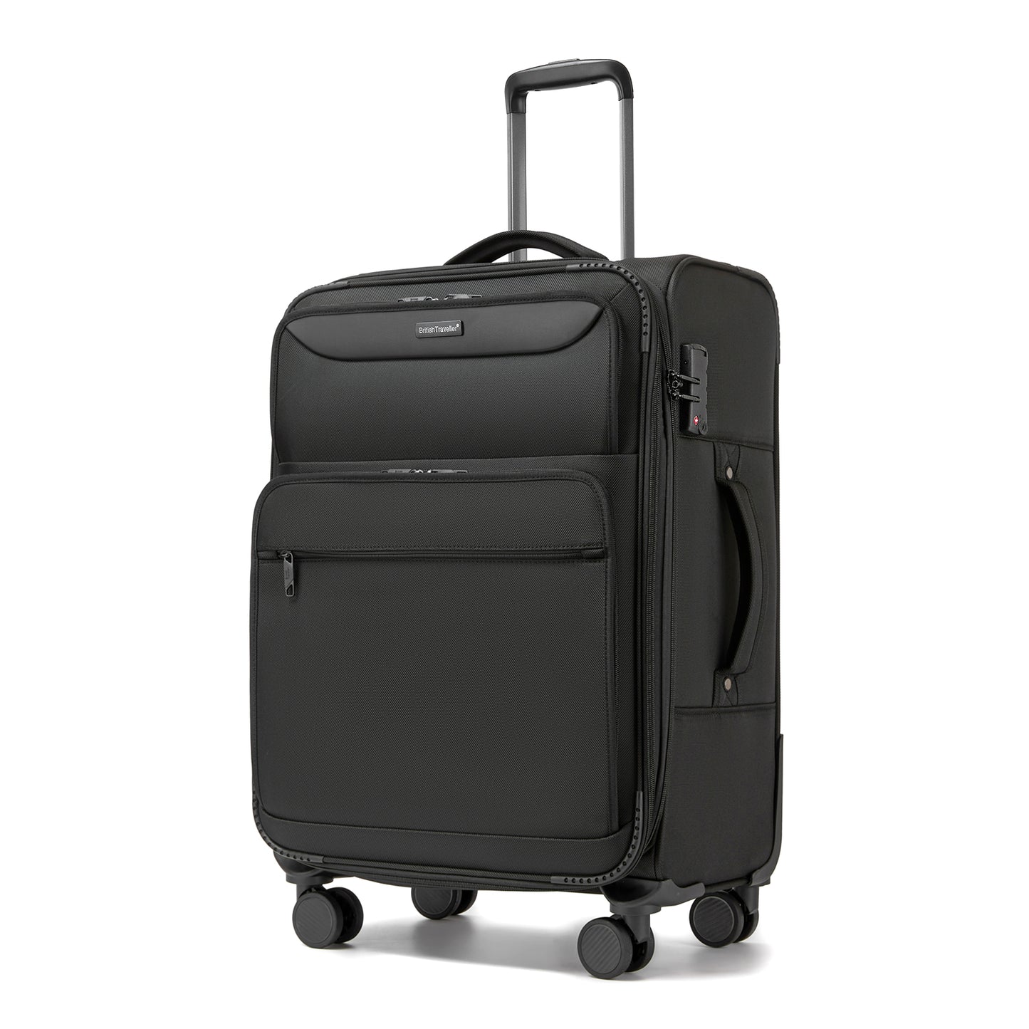 British Traveller Durable Softshell Suitcase with Front Laptop Compartment, TSA Lock & Silent Spinner Wheels (KSB2582) - Black