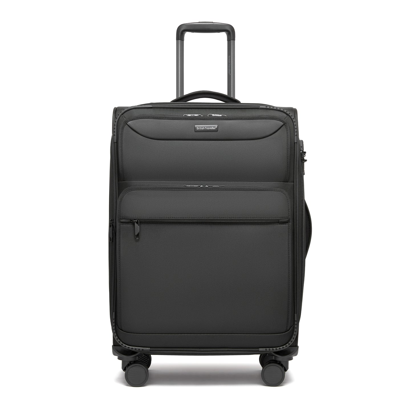 British Traveller Durable Softshell Suitcase with Front Laptop Compartment, TSA Lock & Silent Spinner Wheels (KSB2582) - Black