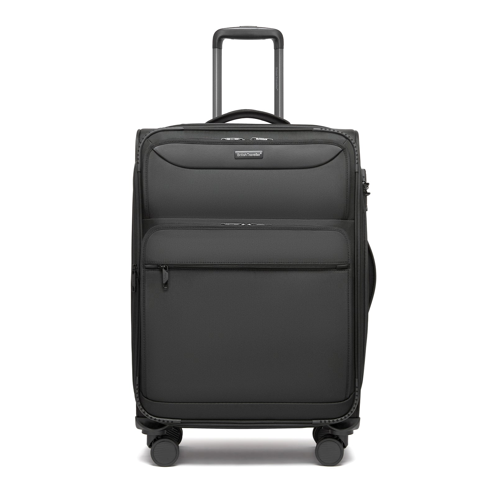 British Traveller Durable Softshell Suitcase with Front Laptop Compartment, TSA Lock & Silent Spinner Wheels (KSB2582) - Black