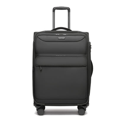 British Traveller Durable Softshell Suitcase with Front Laptop Compartment, TSA Lock & Silent Spinner Wheels (KSB2582) - Black