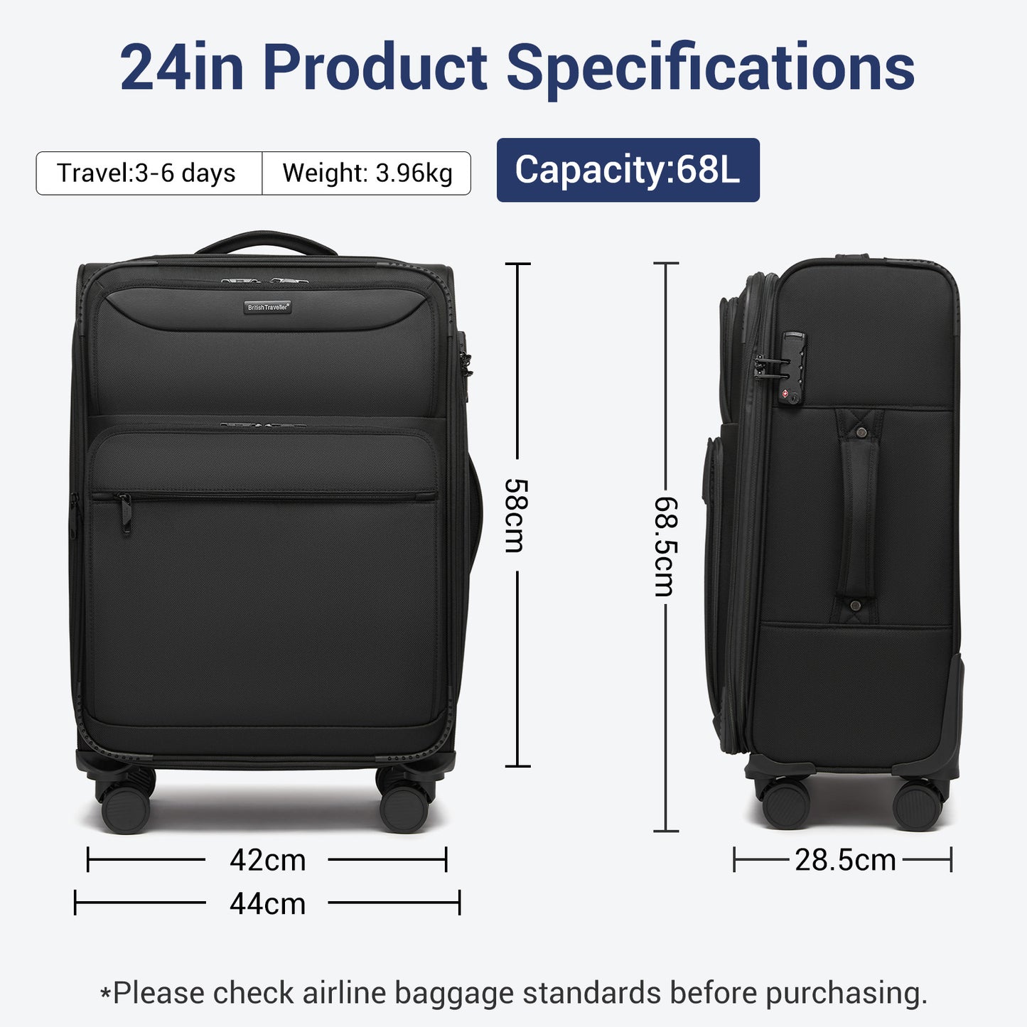 British Traveller Durable Softshell Suitcase with Front Laptop Compartment, TSA Lock & Silent Spinner Wheels (KSB2582) - Black