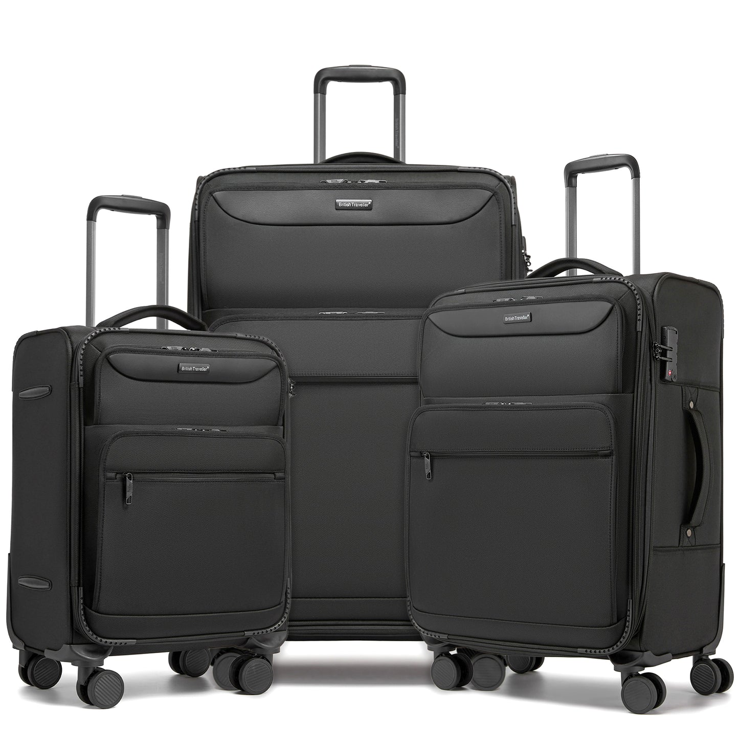 British Traveller Durable Softshell Suitcase 3-Piece Luggage Set (20/24/28 Inch) with Laptop Compartment (KSB2582) - Black