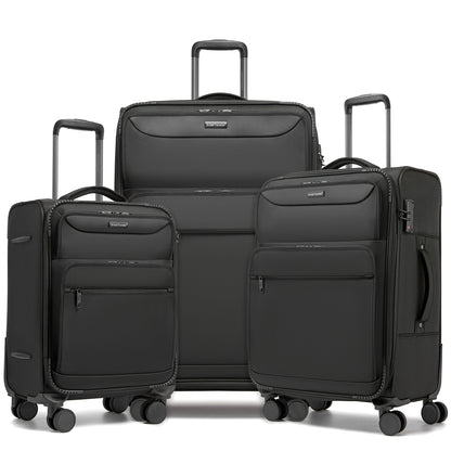 British Traveller Durable Softshell Suitcase 3-Piece Luggage Set (20/24/28 Inch) with Laptop Compartment (KSB2582) - Black