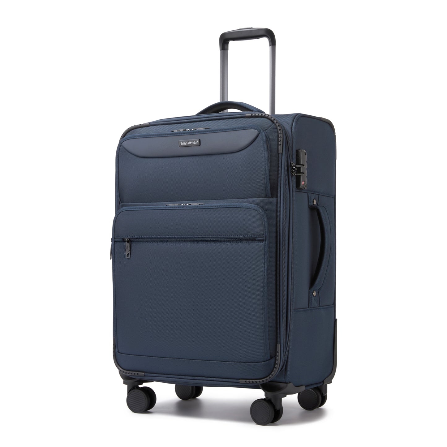 British Traveller Durable Softshell Suitcase with Front Laptop Compartment, TSA Lock & Silent Spinner Wheels (KSB2582) - Navy