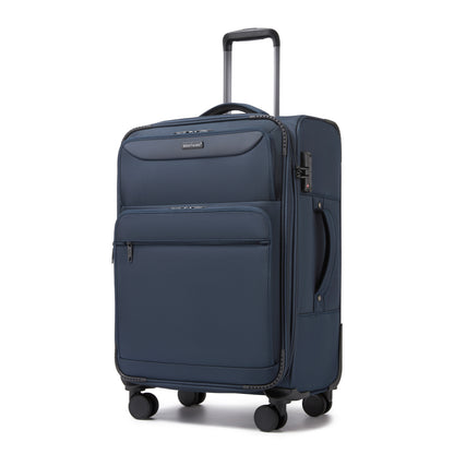 British Traveller Durable Softshell Suitcase with Front Laptop Compartment, TSA Lock & Silent Spinner Wheels (KSB2582) - Navy