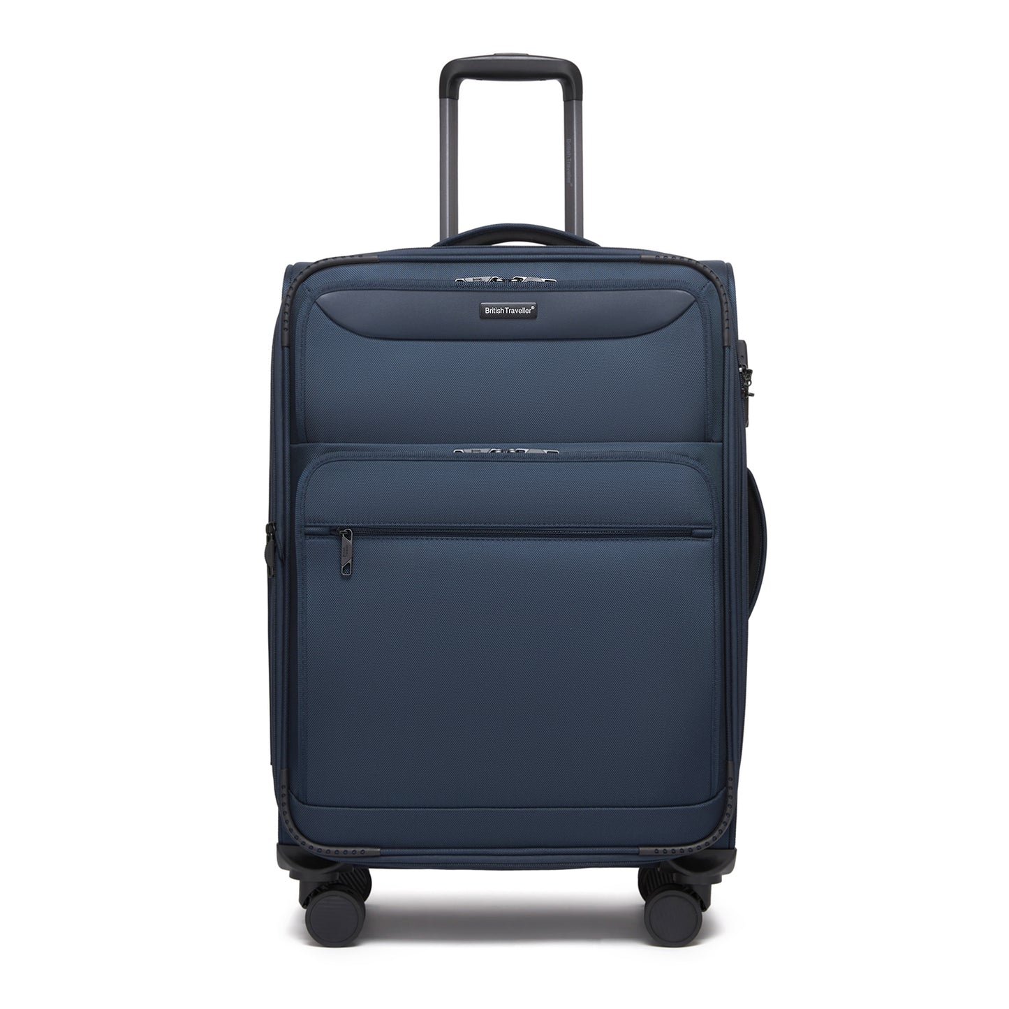 British Traveller Durable Softshell Suitcase with Front Laptop Compartment, TSA Lock & Silent Spinner Wheels (KSB2582) - Navy
