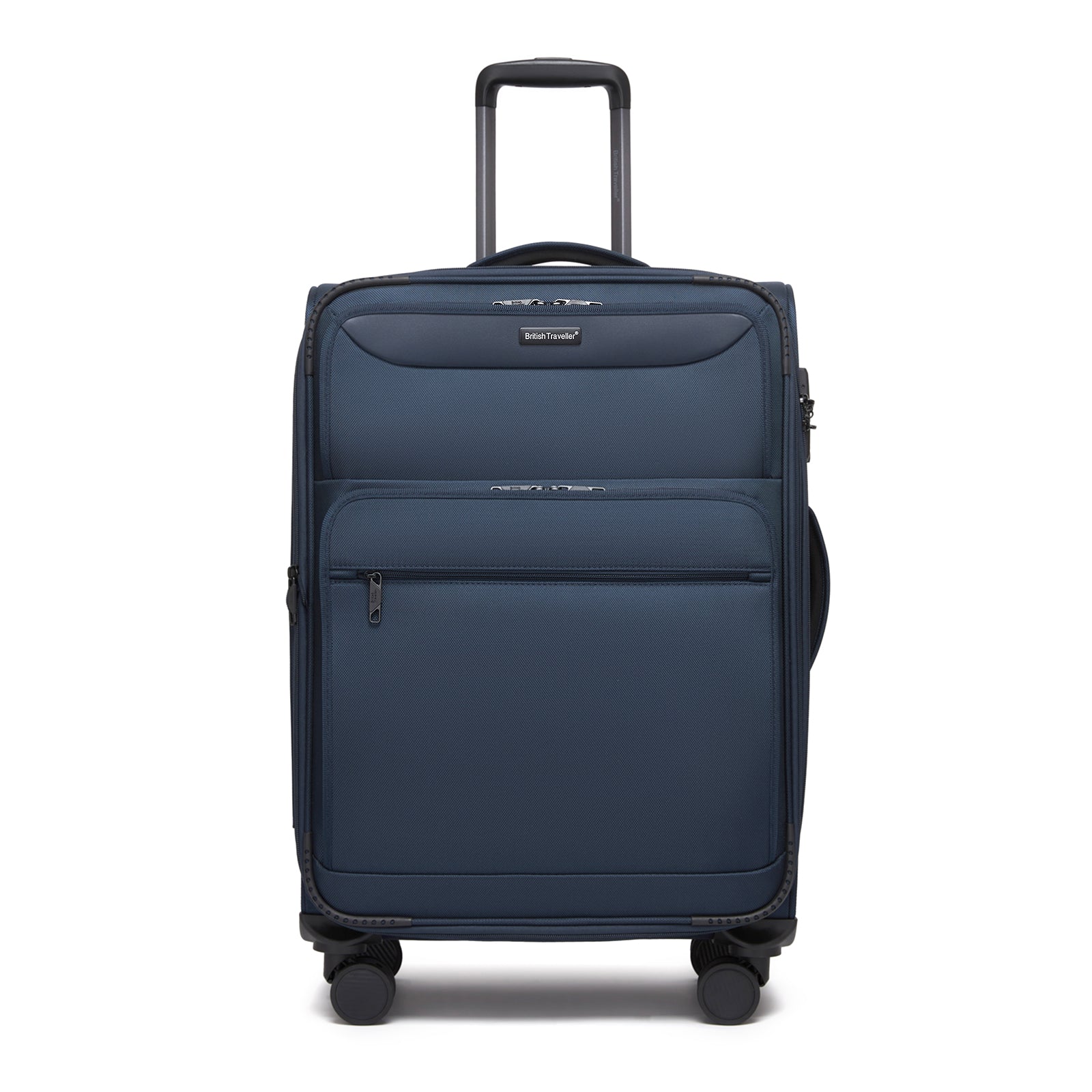 British Traveller Durable Softshell Suitcase with Front Laptop Compartment, TSA Lock & Silent Spinner Wheels (KSB2582) - Navy