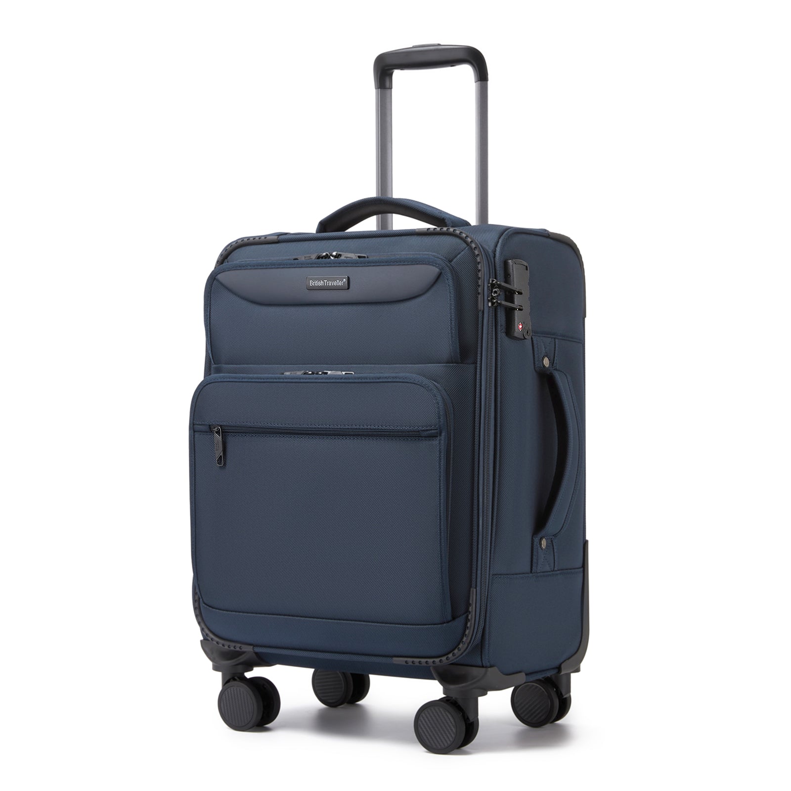 British Traveller Durable Softshell Suitcase with Front Laptop Compartment, TSA Lock & Silent Spinner Wheels (KSB2582) - Navy
