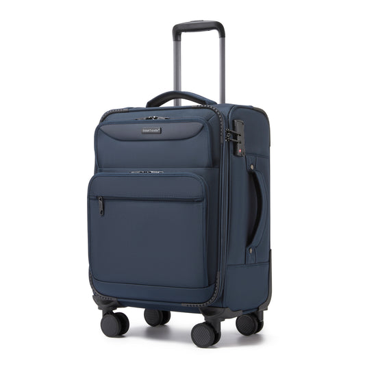 British Traveller Durable Softshell Suitcase with Front Laptop Compartment, TSA Lock & Silent Spinner Wheels (KSB2582) - Navy