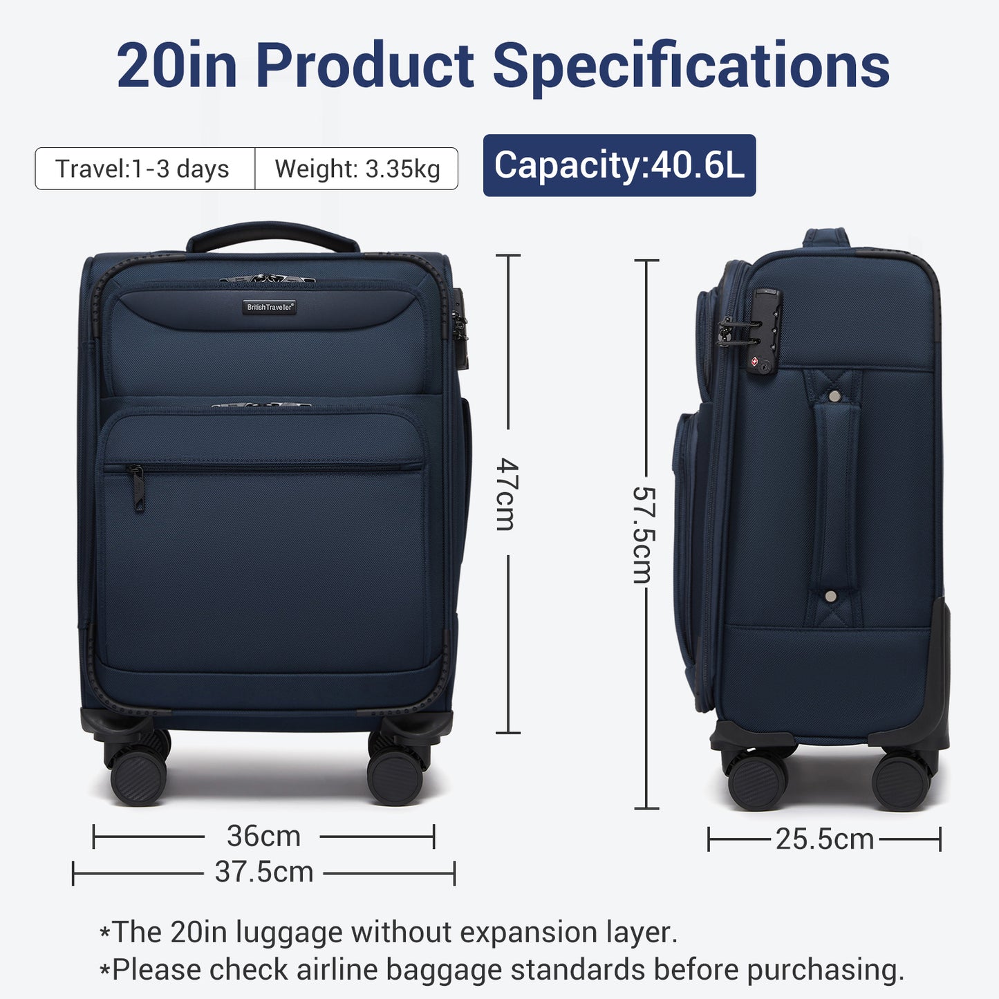 British Traveller Durable Softshell Suitcase with Front Laptop Compartment, TSA Lock & Silent Spinner Wheels (KSB2582) - Navy