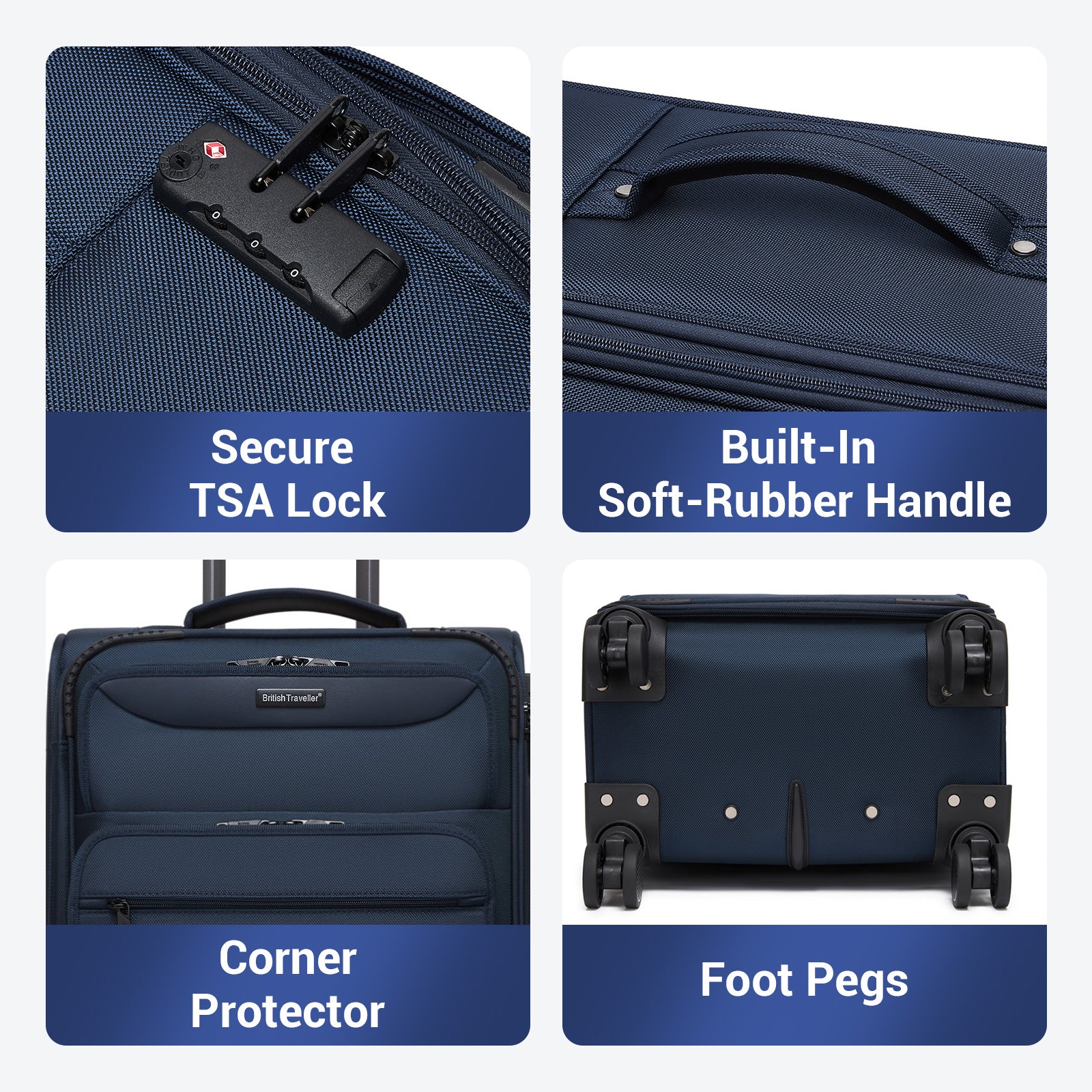 British Traveller Durable Softshell Suitcase 3-Piece Luggage Set (20/24/28 Inch) with Laptop Compartment (KSB2582) - Navy