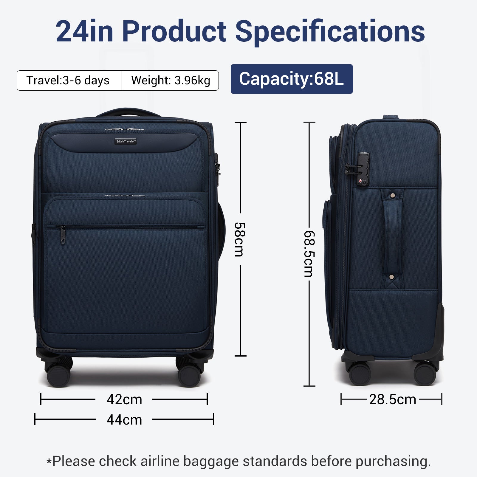 British Traveller Durable Softshell Suitcase with Front Laptop Compartment, TSA Lock & Silent Spinner Wheels (KSB2582) - Navy
