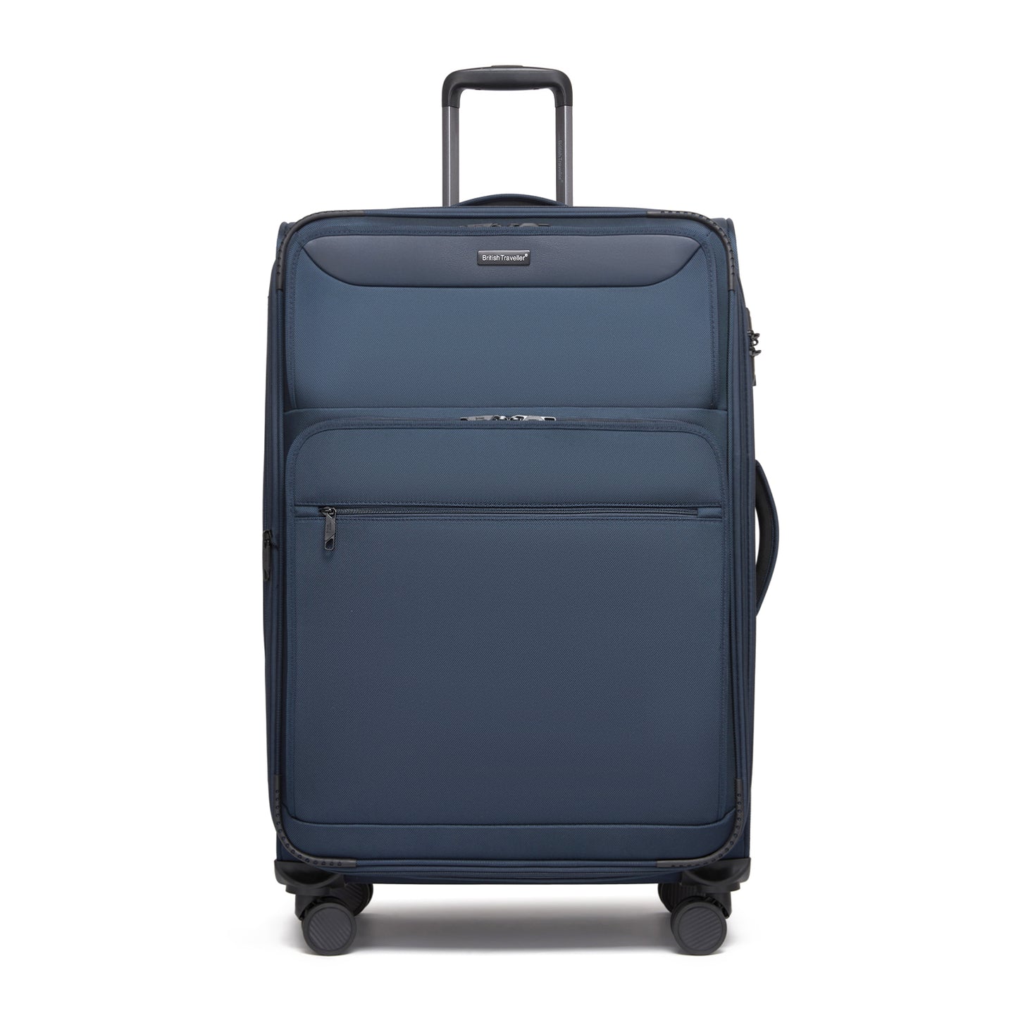 British Traveller Durable Softshell Suitcase with Front Laptop Compartment, TSA Lock & Silent Spinner Wheels (KSB2582) - Navy
