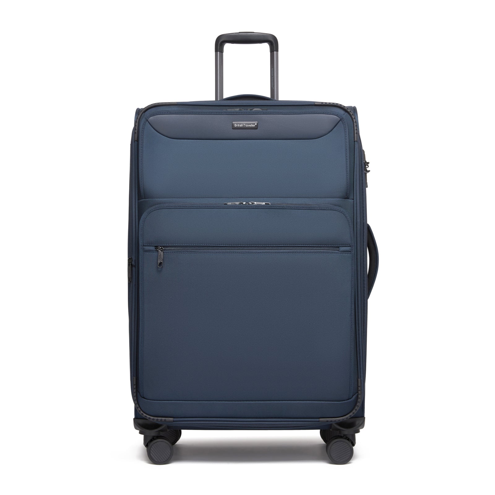 British Traveller Durable Softshell Suitcase with Front Laptop Compartment, TSA Lock & Silent Spinner Wheels (KSB2582) - Navy