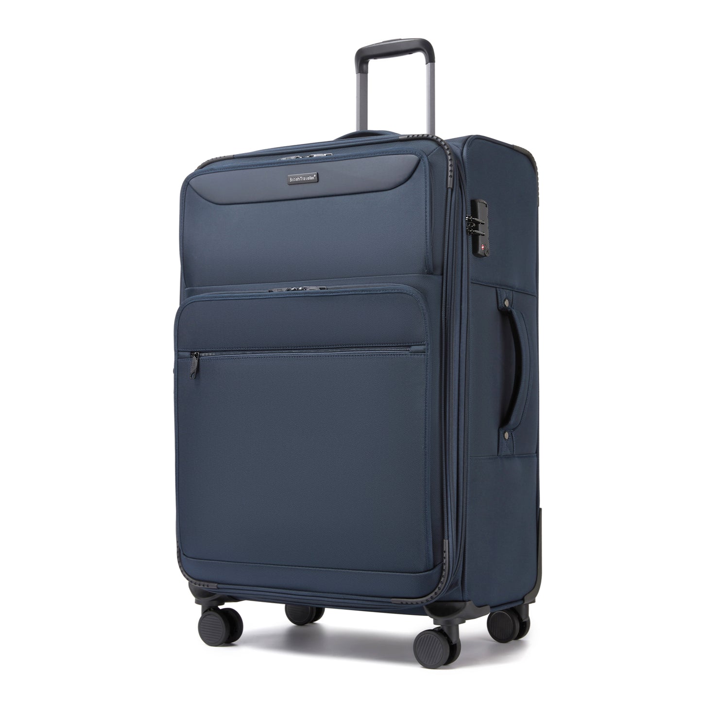 British Traveller Durable Softshell Suitcase with Front Laptop Compartment, TSA Lock & Silent Spinner Wheels (KSB2582) - Navy