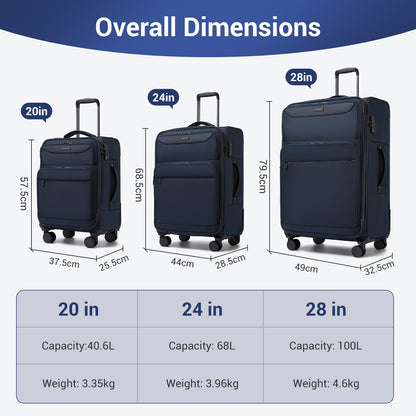 British Traveller Durable Softshell Suitcase 3-Piece Luggage Set (20/24/28 Inch) with Laptop Compartment (KSB2582) - Navy