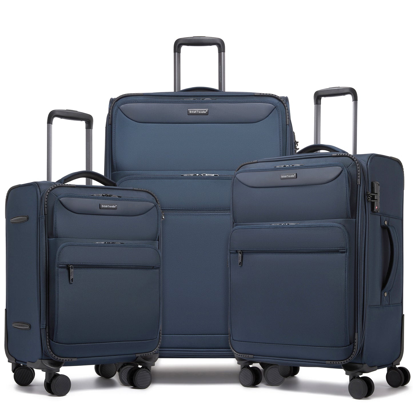 British Traveller Durable Softshell Suitcase 3-Piece Luggage Set (20/24/28 Inch) with Laptop Compartment (KSB2582) - Navy