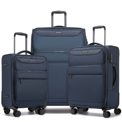 British Traveller Durable Softshell Suitcase 3-Piece Luggage Set (20/24/28 Inch) with Laptop Compartment (KSB2582) - Navy