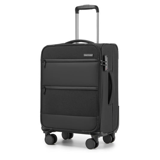 British Traveller Sleek Tough Travel Soft-Shell Suitcase with Silent TPE Spinners, TSA Security and Laptop Sleeve (KSB2597) - Black