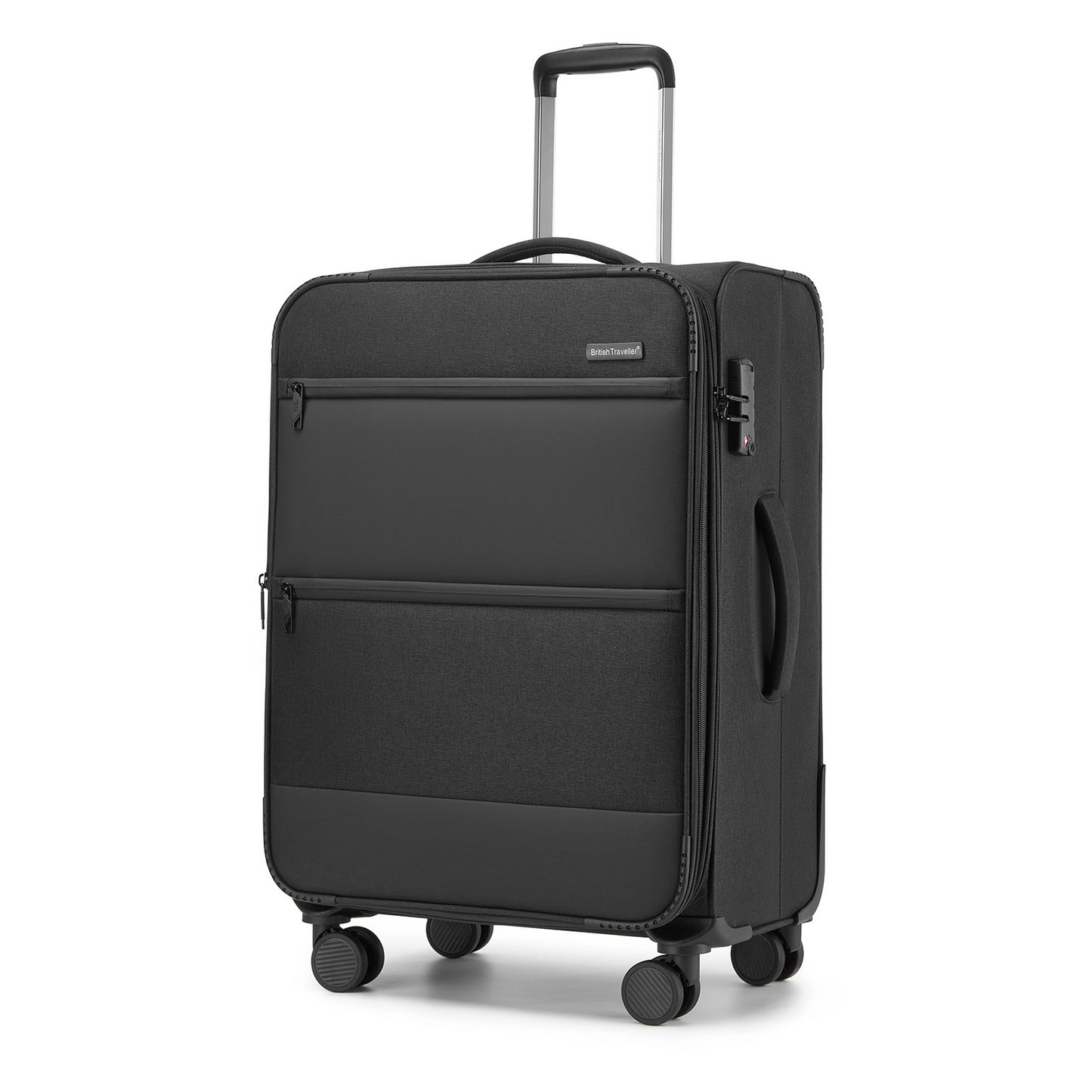 British Traveller Sleek Tough Travel Soft-Shell Suitcase with Silent TPE Spinners, TSA Security and Laptop Sleeve (KSB2597) - Black