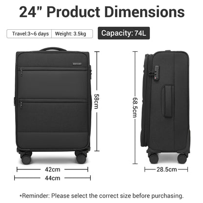 British Traveller Sleek Tough Travel Soft-Shell Suitcase with Silent TPE Spinners, TSA Security and Laptop Sleeve (KSB2597) - Black