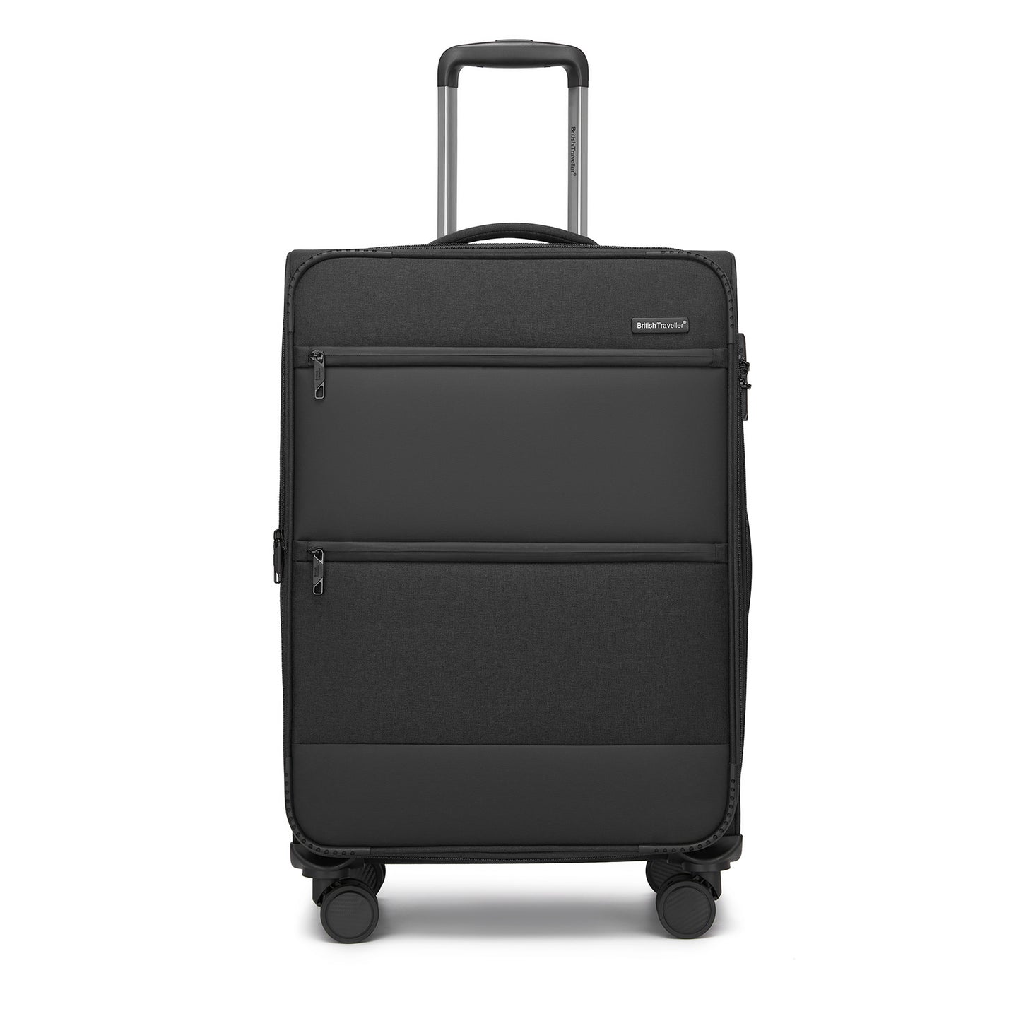 British Traveller Sleek Tough Travel Soft-Shell Suitcase with Silent TPE Spinners, TSA Security and Laptop Sleeve (KSB2597) - Black