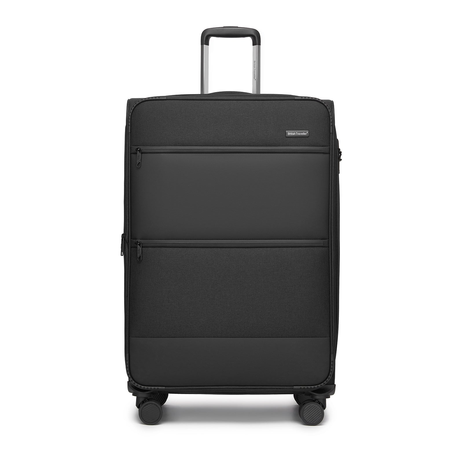 British Traveller Sleek Tough Travel Soft-Shell Suitcase with Silent TPE Spinners, TSA Security and Laptop Sleeve (KSB2597) - Black