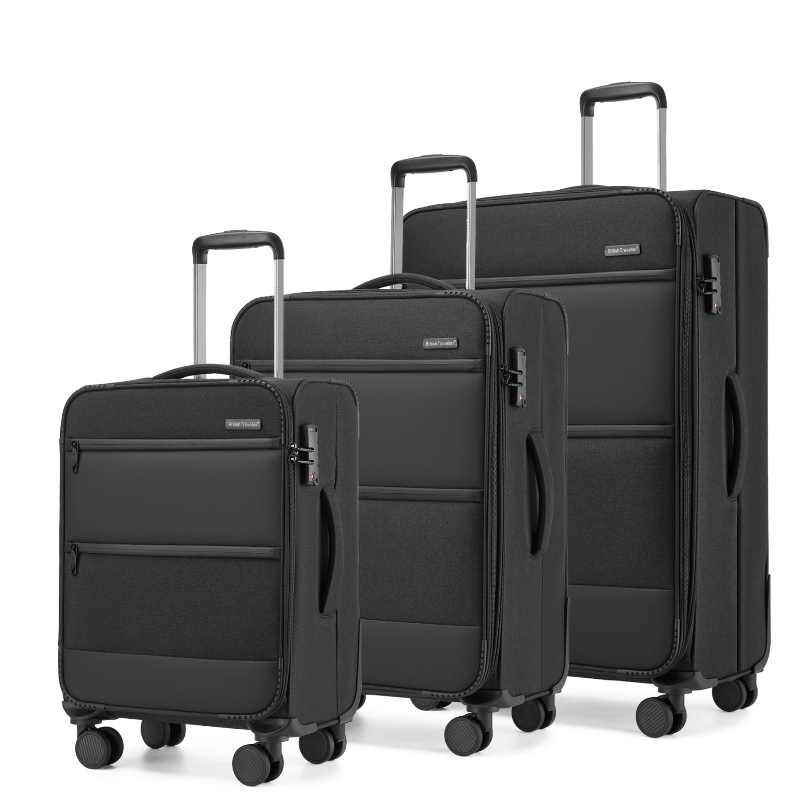 British Traveller Sleek Tough 3-Piece Travel Soft-Shell Suitcase with Silent TPE Spinners, TSA Security and Expandable Checked Sizes (KSB2597) - Black