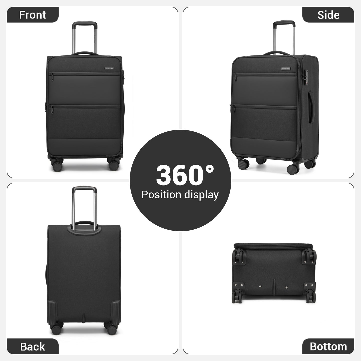 British Traveller Sleek Tough 3-Piece Travel Soft-Shell Suitcase with Silent TPE Spinners, TSA Security and Expandable Checked Sizes (KSB2597) - Black