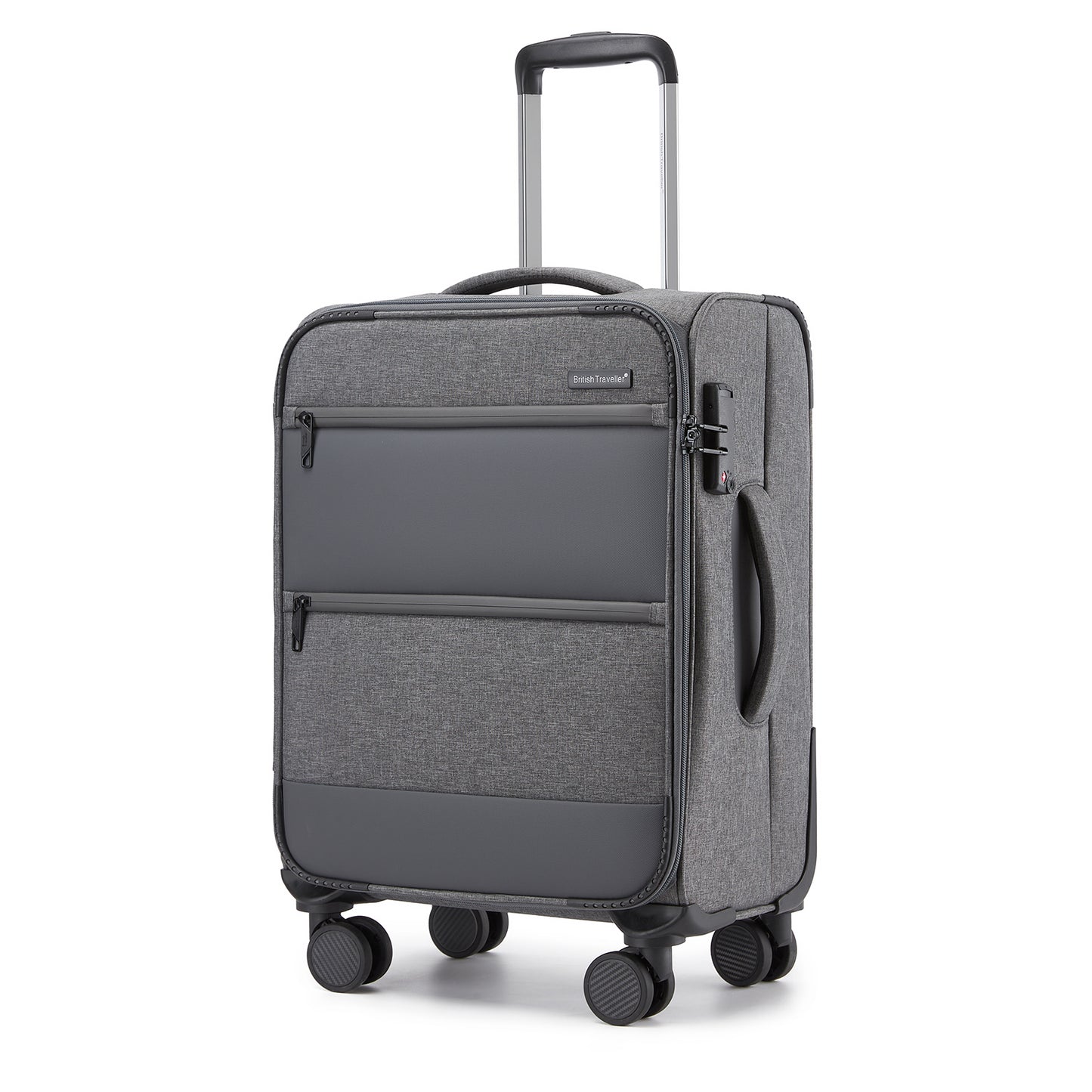 British Traveller Sleek Tough Travel Soft-Shell Suitcase with Silent TPE Spinners, TSA Security and Laptop Sleeve (KSB2597) - Grey