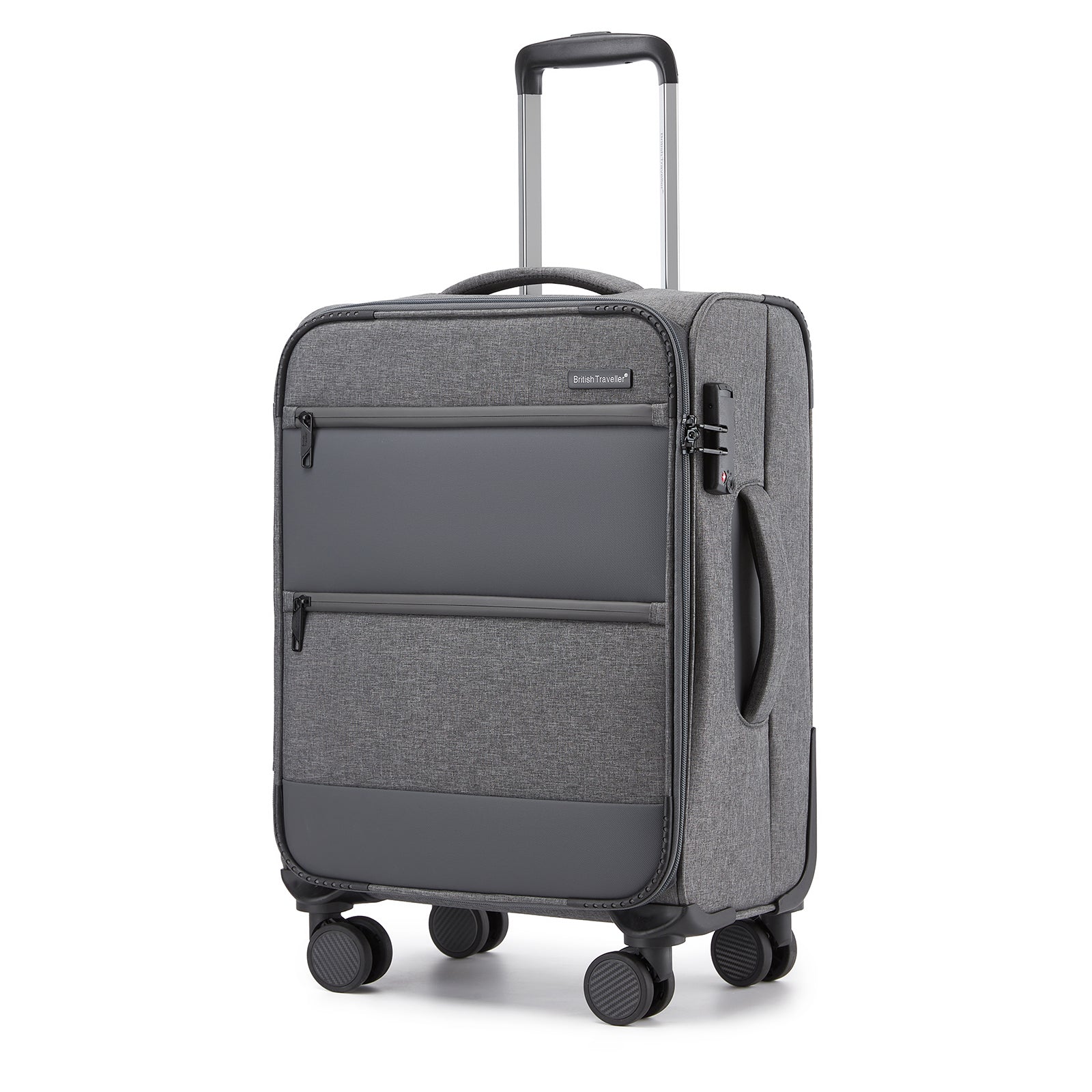 British Traveller Sleek Tough Travel Soft-Shell Suitcase with Silent TPE Spinners, TSA Security and Laptop Sleeve (KSB2597) - Grey