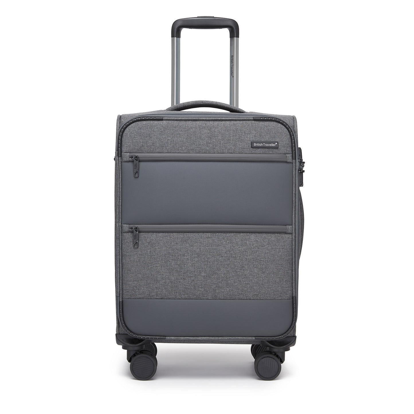 British Traveller Sleek Tough Travel Soft-Shell Suitcase with Silent TPE Spinners, TSA Security and Laptop Sleeve (KSB2597) - Grey