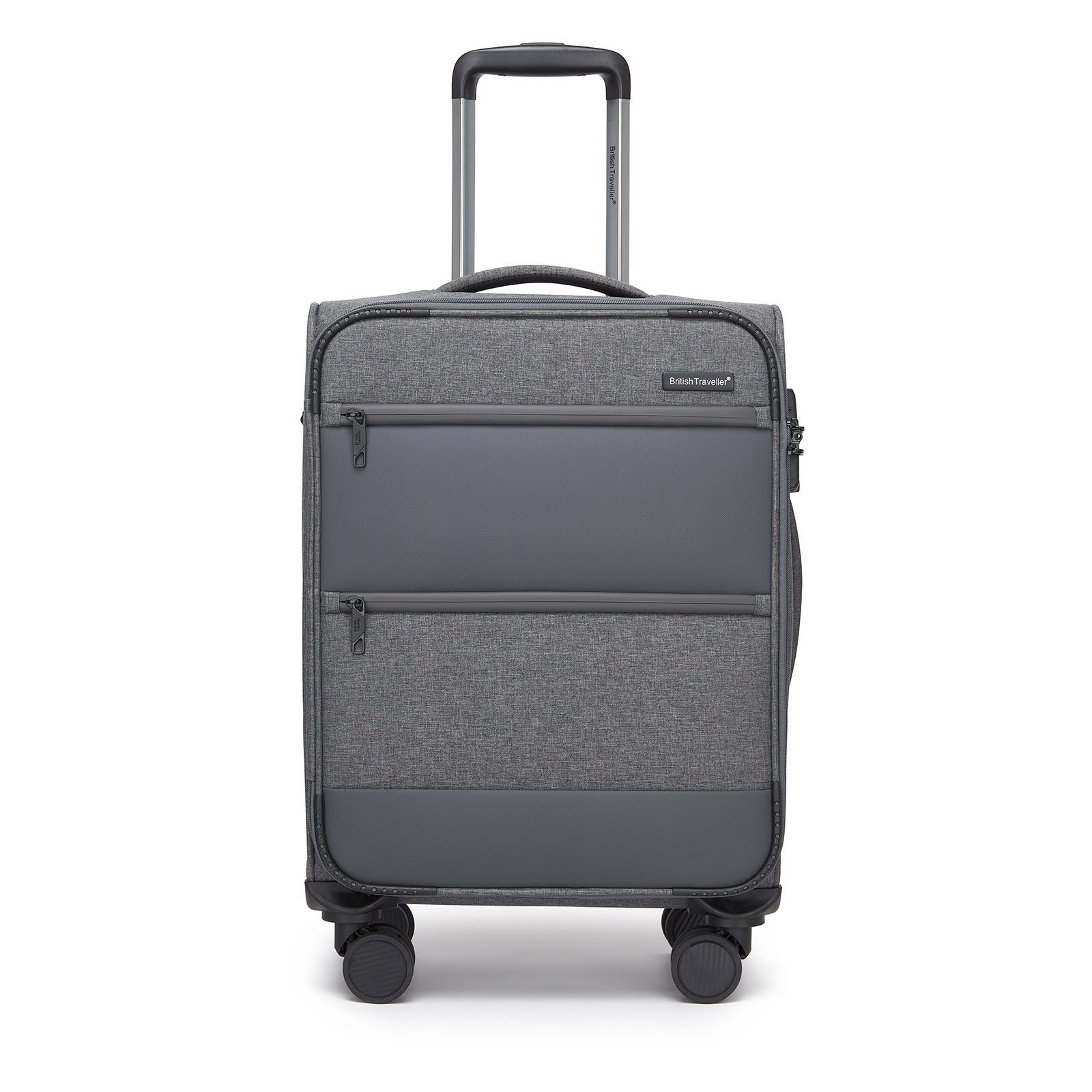 British Traveller Sleek Tough Travel Soft-Shell Suitcase with Silent TPE Spinners, TSA Security and Laptop Sleeve (KSB2597) - Grey