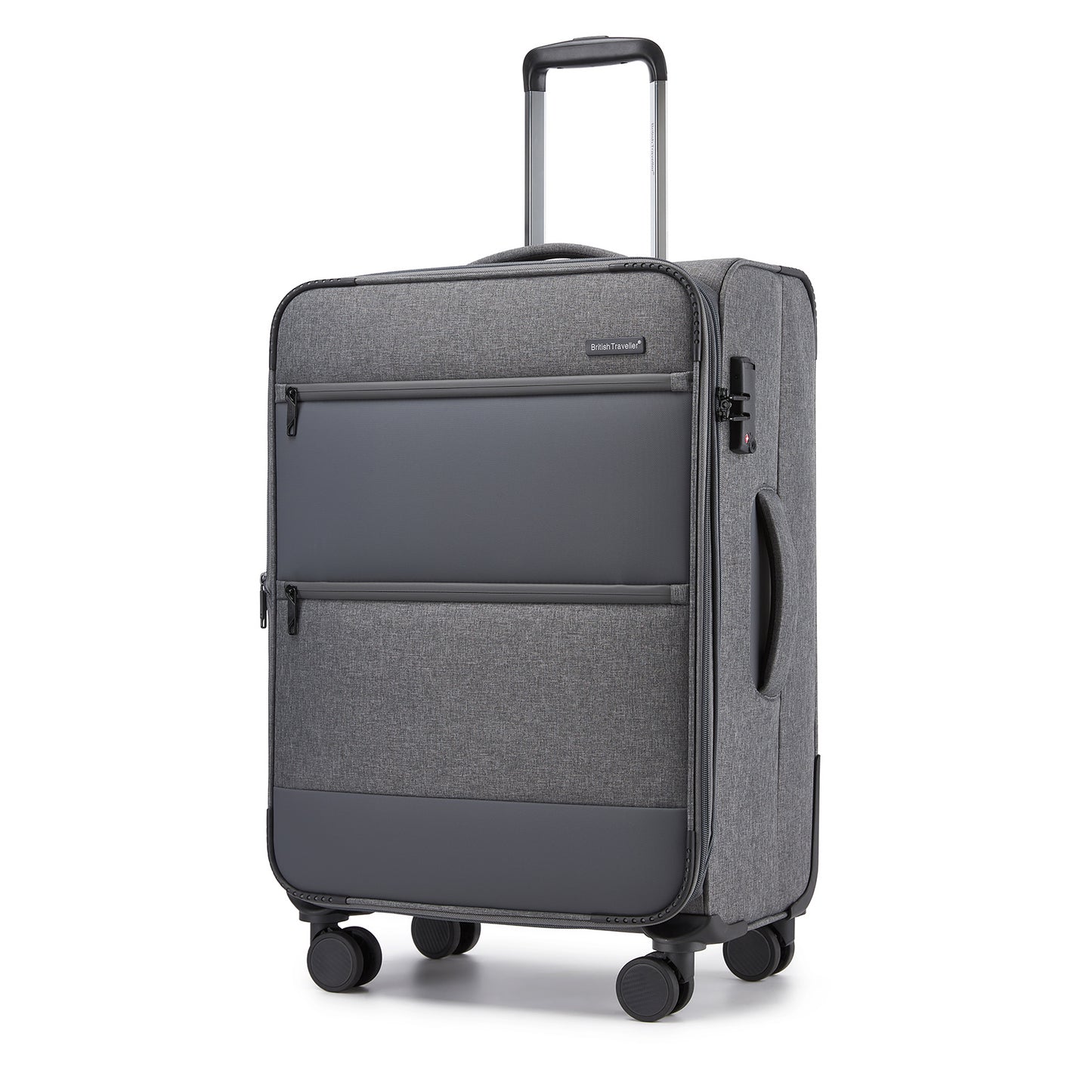 British Traveller Sleek Tough Travel Soft-Shell Suitcase with Silent TPE Spinners, TSA Security and Laptop Sleeve (KSB2597) - Grey