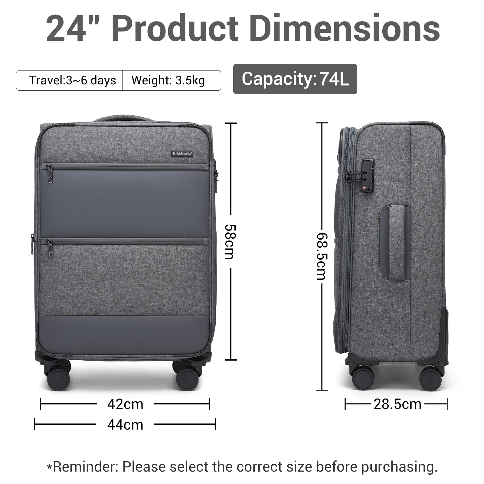 British Traveller Sleek Tough Travel Soft-Shell Suitcase with Silent TPE Spinners, TSA Security and Laptop Sleeve (KSB2597) - Grey
