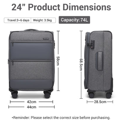 British Traveller Sleek Tough Travel Soft-Shell Suitcase with Silent TPE Spinners, TSA Security and Laptop Sleeve (KSB2597) - Grey