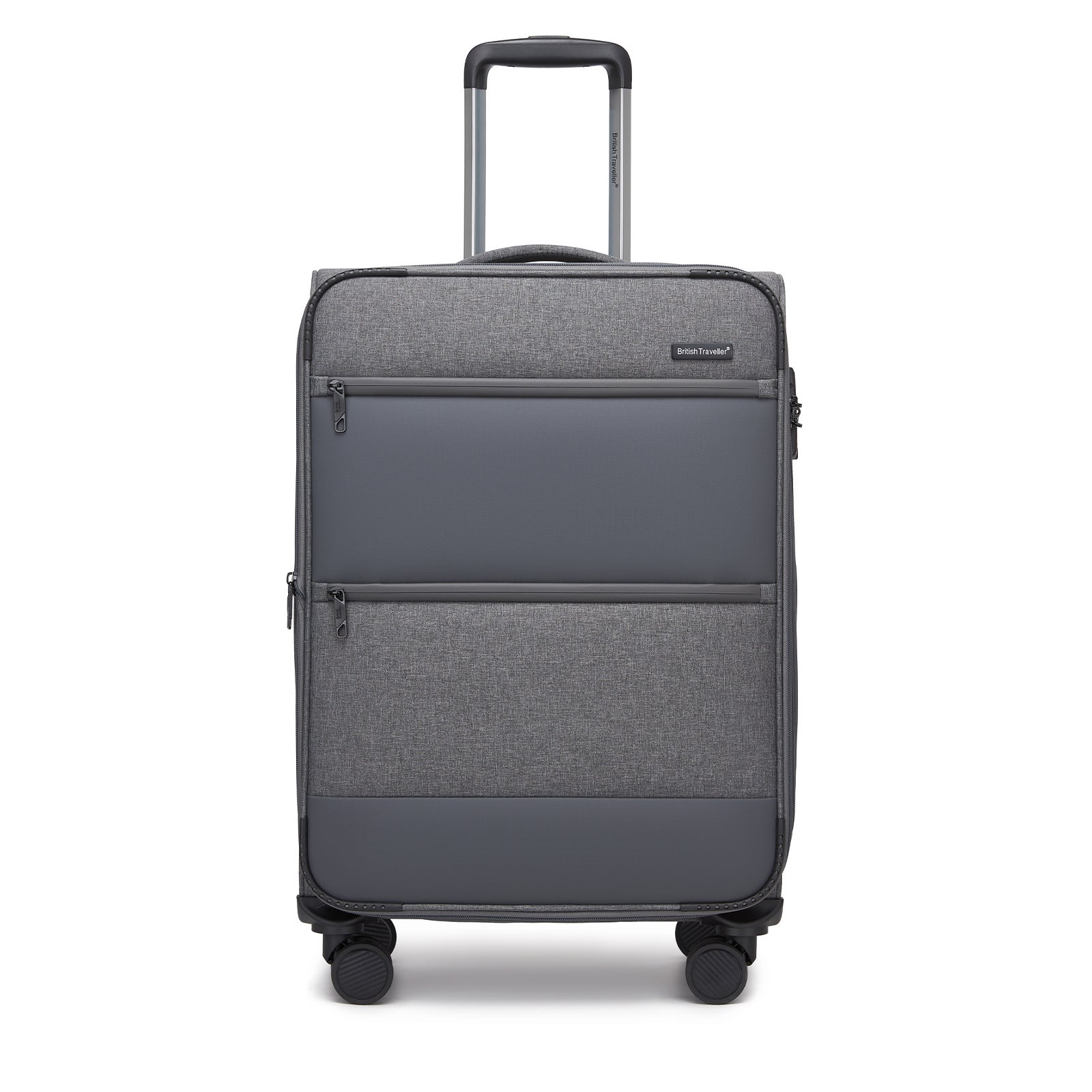 British Traveller Sleek Tough Travel Soft-Shell Suitcase with Silent TPE Spinners, TSA Security and Laptop Sleeve (KSB2597) - Grey