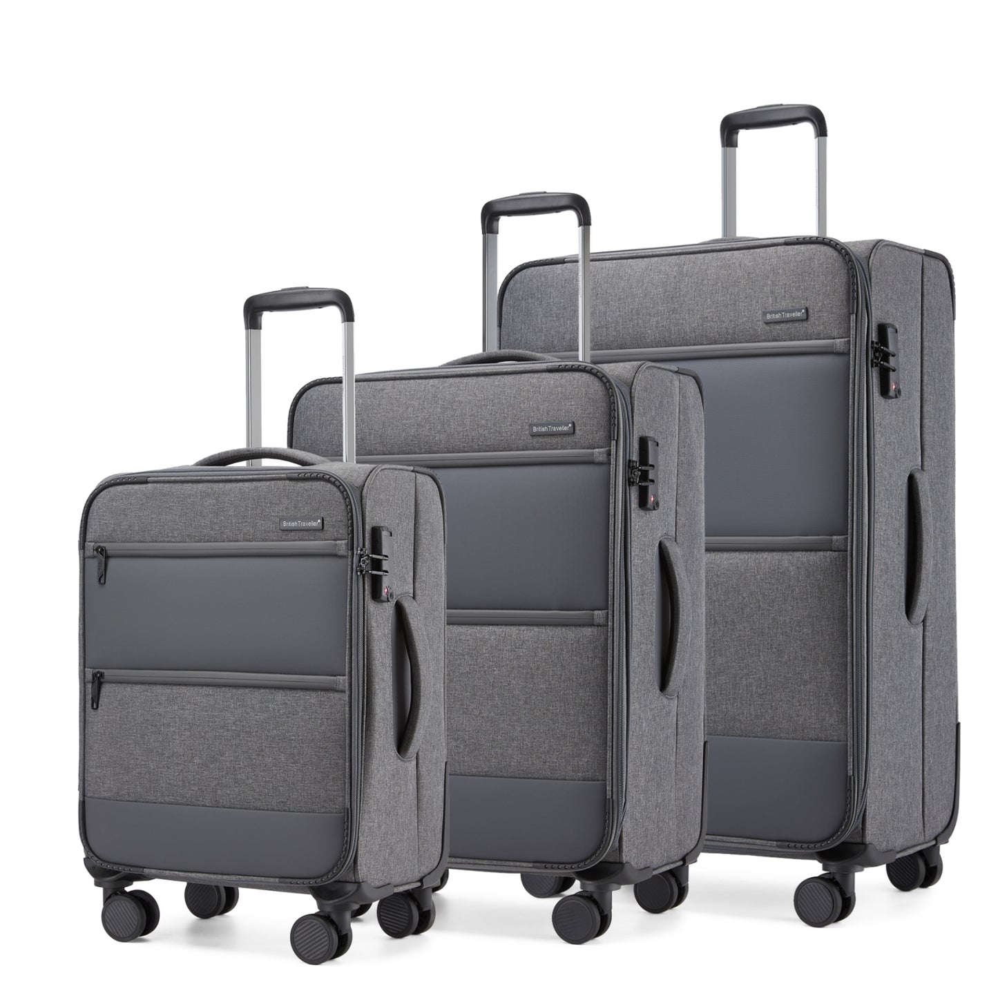 British Traveller Sleek Tough 3-Piece Travel Soft-Shell Suitcase with Silent TPE Spinners, TSA Security and Expandable Checked Sizes (KSB2597) - Grey