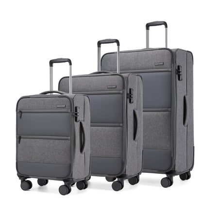 British Traveller Sleek Tough 3-Piece Travel Soft-Shell Suitcase with Silent TPE Spinners, TSA Security and Expandable Checked Sizes (KSB2597) - Grey