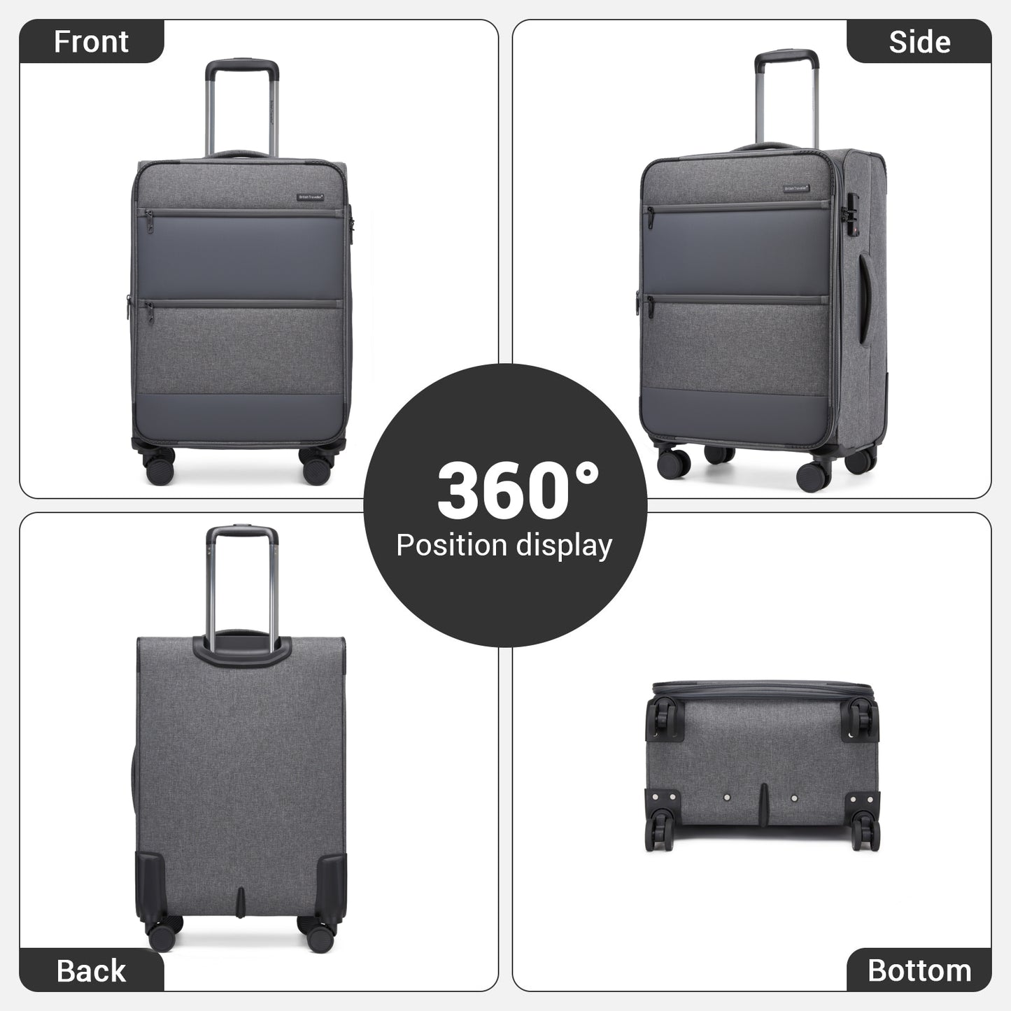 British Traveller Sleek Tough Travel Soft-Shell Suitcase with Silent TPE Spinners, TSA Security and Laptop Sleeve (KSB2597) - Grey