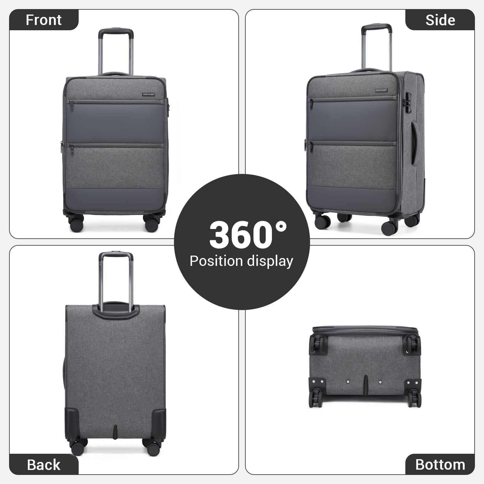 British Traveller Sleek Tough 3-Piece Travel Soft-Shell Suitcase with Silent TPE Spinners, TSA Security and Expandable Checked Sizes (KSB2597) - Grey