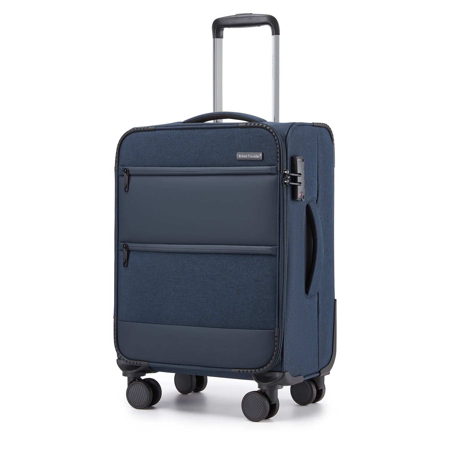 British Traveller Sleek Tough Travel Soft-Shell Suitcase with Silent TPE Spinners, TSA Security and Laptop Sleeve (KSB2597) - Navy