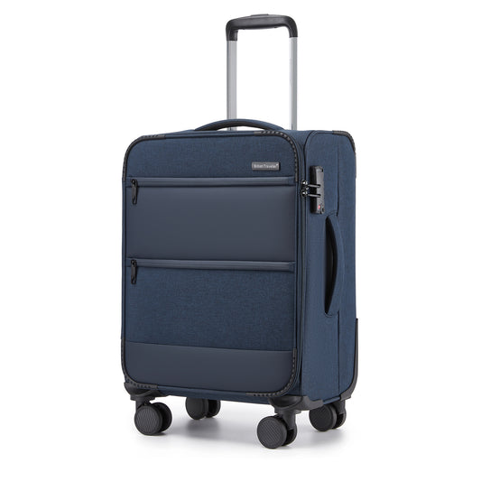 British Traveller Sleek Tough Travel Soft-Shell Suitcase with Silent TPE Spinners, TSA Security and Laptop Sleeve (KSB2597) - Navy