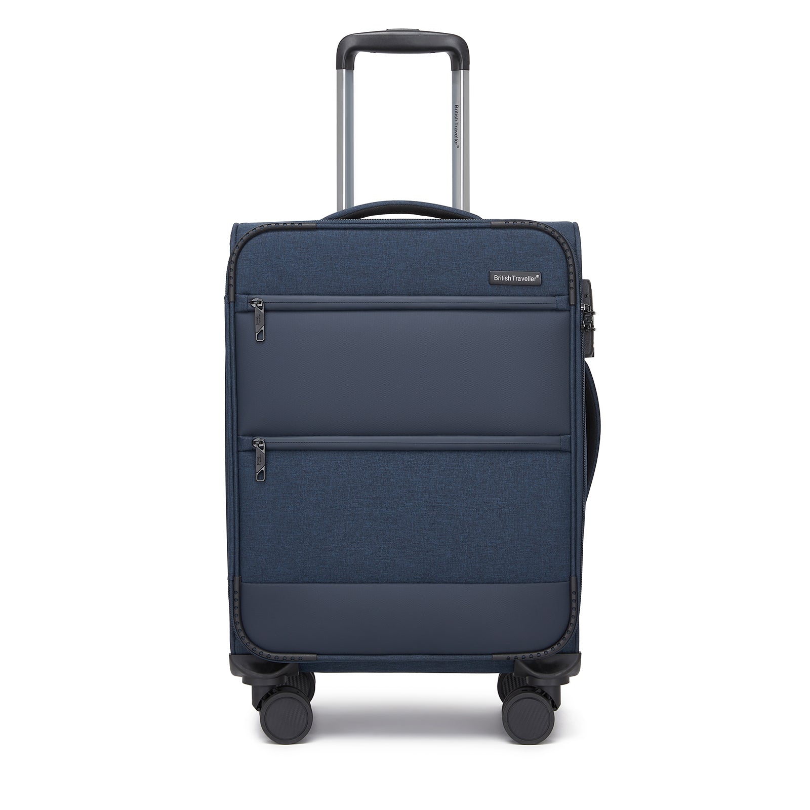 British Traveller Sleek Tough Travel Soft-Shell Suitcase with Silent TPE Spinners, TSA Security and Laptop Sleeve (KSB2597) - Navy