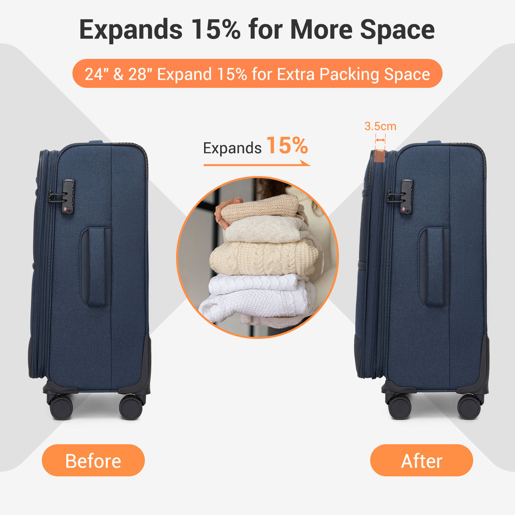 British Traveller Sleek Tough 24 Inch Travel Soft-Shell Suitcase with Silent TPE Spinners, TSA Security and Expandable Capacity - Navy