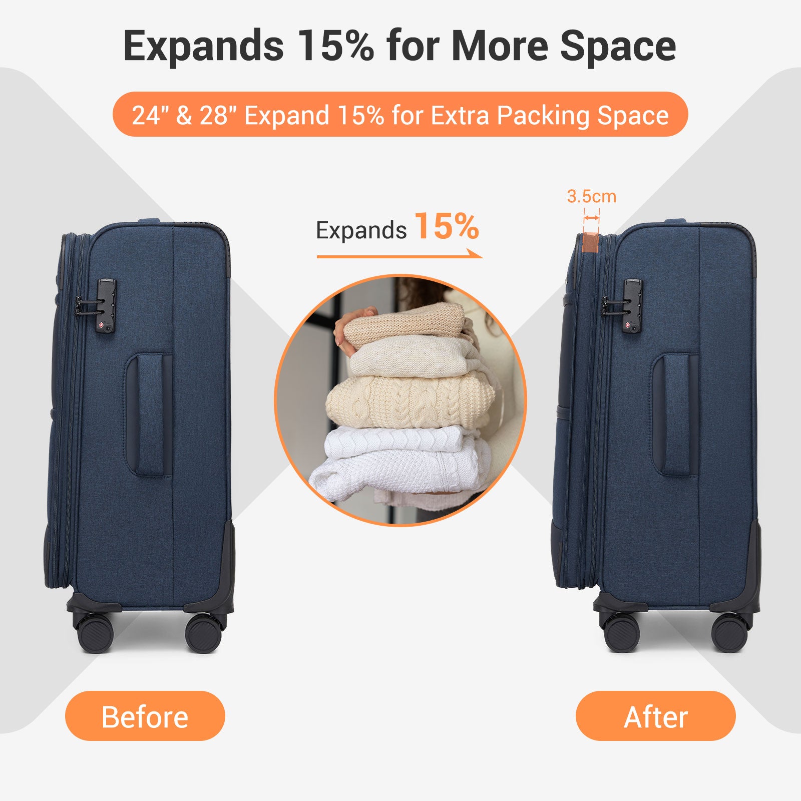 British Traveller Sleek Tough 24 Inch Travel Soft-Shell Suitcase with Silent TPE Spinners, TSA Security and Expandable Capacity - Navy