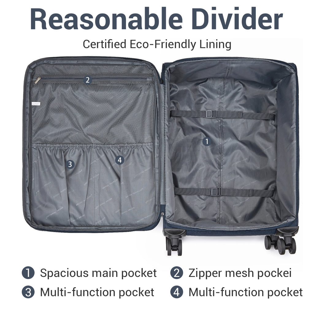 British Traveller Sleek Tough 24 Inch Travel Soft-Shell Suitcase with Silent TPE Spinners, TSA Security and Expandable Capacity - Navy