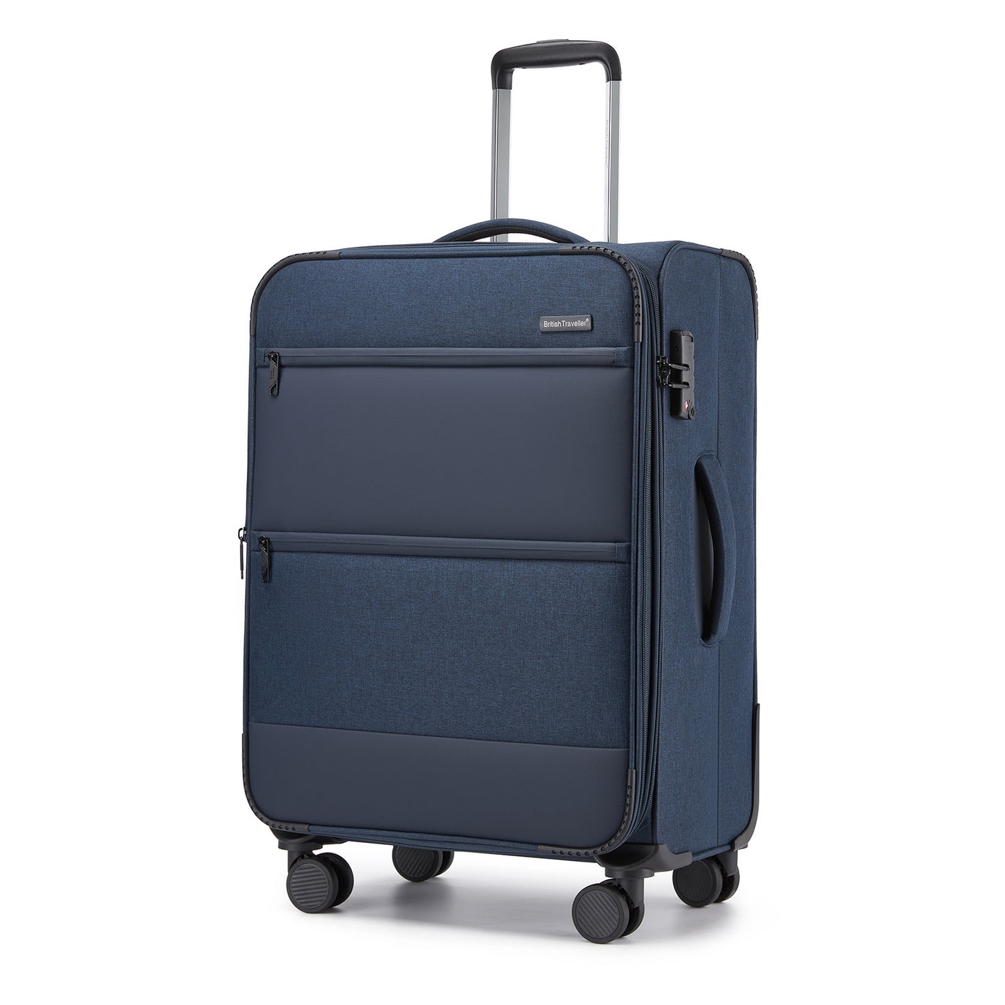 British Traveller Sleek Tough Travel Soft-Shell Suitcase with Silent TPE Spinners, TSA Security and Laptop Sleeve (KSB2597) - Navy