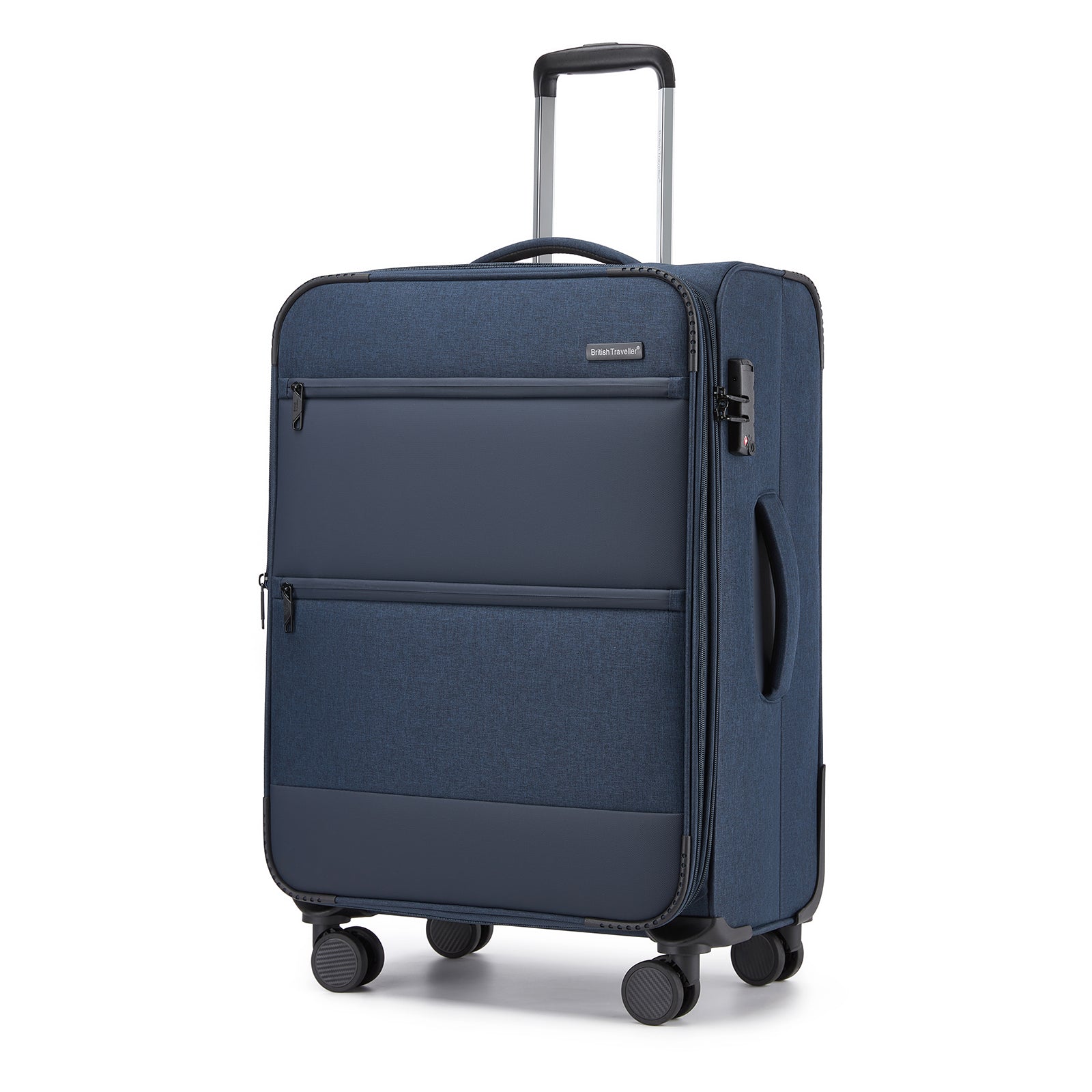 British Traveller Sleek Tough 24 Inch Travel Soft-Shell Suitcase with Silent TPE Spinners, TSA Security and Expandable Capacity - Navy