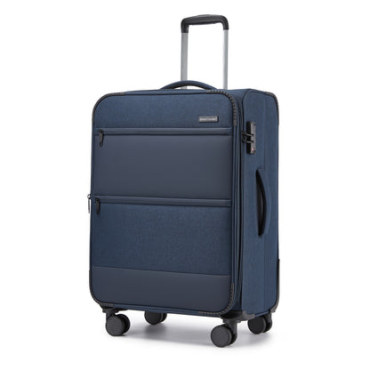 British Traveller Sleek Tough Travel Soft-Shell Suitcase with Silent TPE Spinners, TSA Security and Laptop Sleeve (KSB2597) - Navy